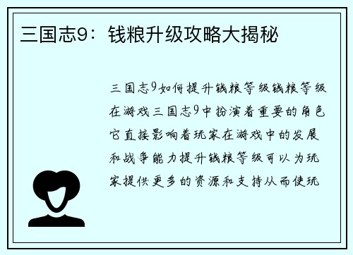 三国志9：钱粮升级攻略大揭秘